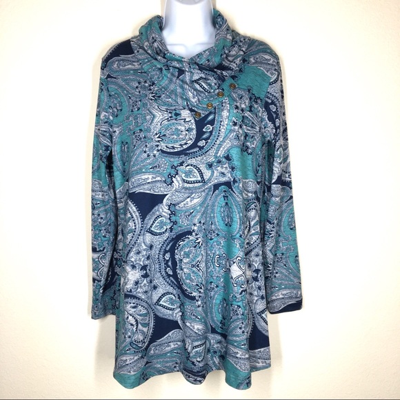 Miusey | Cowl Neck Paisley Tunic Top - Picture 2 of 12